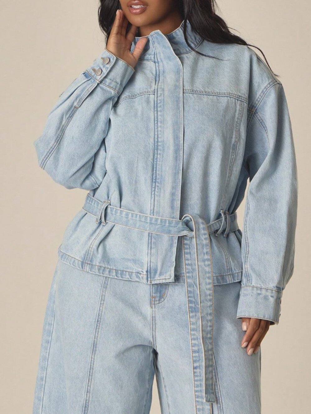 Blue Casual Women's Plus Size High Neck Zip Button Front Denim Jacket - Picture 1 of 5